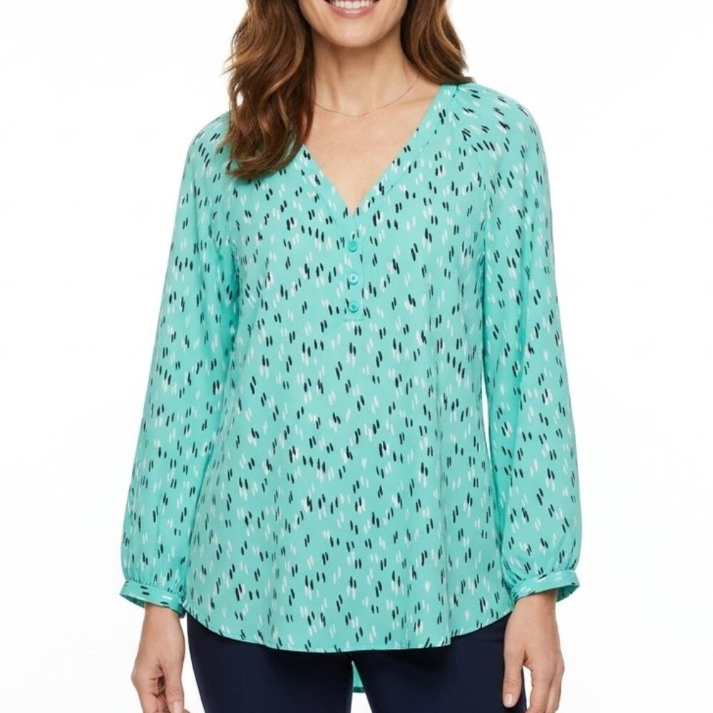 Lush Mint Green Abstract Brushstroke V-Neck Blouse Long Sleeve Top Size Large